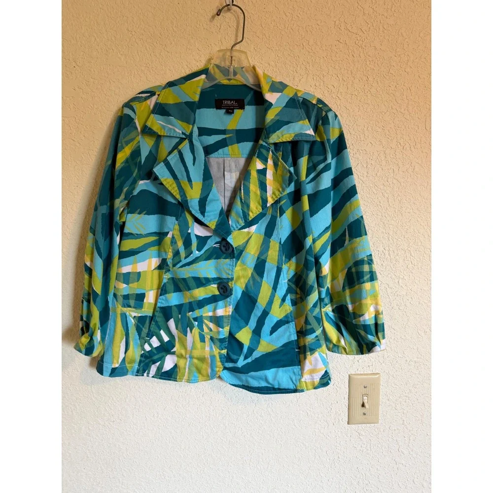 Tribal Women Teal Green Tropical Palm Print Stretch Cotton Blazer Jacket Size 10